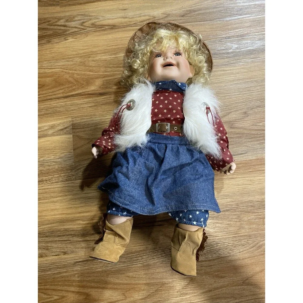 22in Porcelain Doll Patriotic Cowgirl Blonde Curls Blue Eye